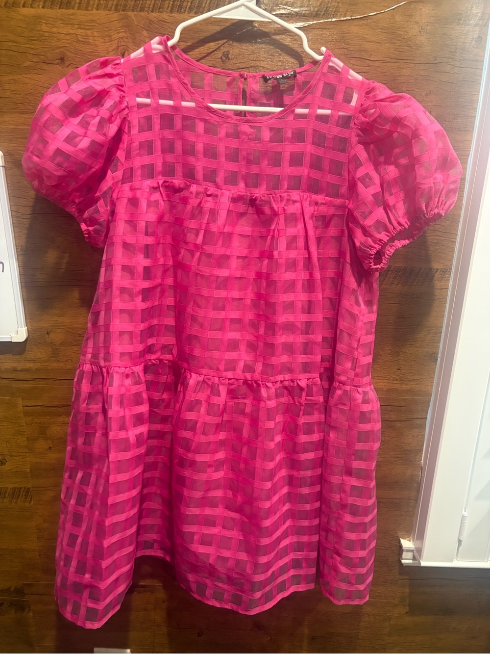 Cotton Bleu Bright Hot Pink Puff Sleeve Grid Babydoll Dress - Picture 2 of 8